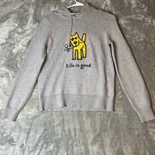 Life is Good Gray Dog Flower Hoodie Sweater Women's XS