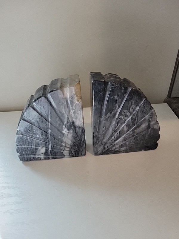 Vintage Carved Pair Black & White Marble Half Arch Bookends Mid-Century Modern