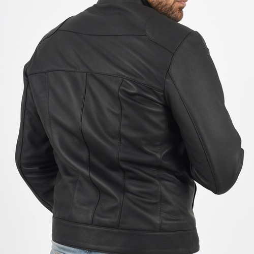Men's Genuine Lambskin Leather Moto Jacket Black Stand Collar Biker Motorcycle - Afbeelding 2 van 6