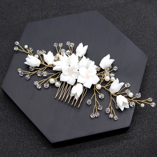 Handmade White Polymer Clay Flower Hair Comb Bridal Pearl Crystal Beads Comb - Bild 2 von 12