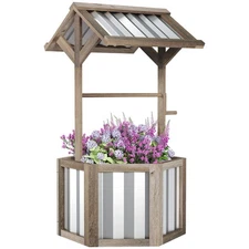 Outsunny Wooden Wishing Well Planter, Raised Garden Bed with Galvanized Canopy, 