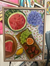 Picnic Still Life 18 X 24” Framed Painting, Hand Painted, NOT A PRINT