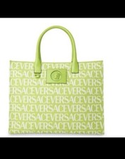 Versace Lime Green Logo Canvas Tote Medusa Plaque Shoulder Bag Designer Purse