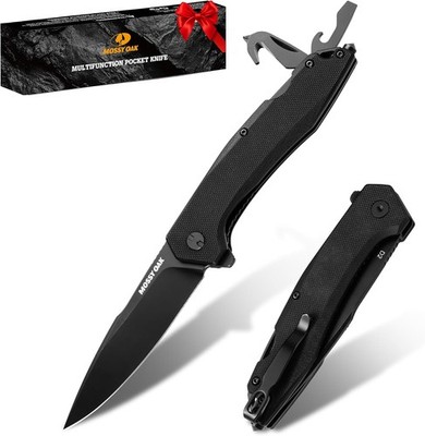MOSSY OAK Folding Pocket Knife 3.5'' D2 Steel Blade Glass Breaker Rope Cutter USA