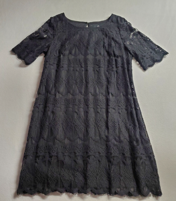 Ronni Nicole Dress Womens 14 Black Lace Overlay Lined Scalloped Hem Sheer  Sleeve | eBay