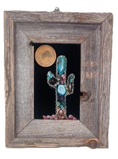 OOAK Turquoise Jewelry Art Mini Cactus Picture On Velvet W/Moon Desert 7.5” X 8”