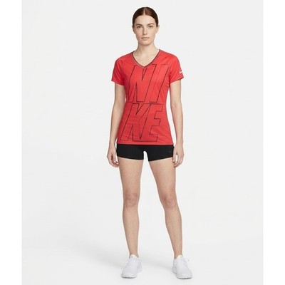 Nike Pro Dri-FIT Womens Red V-Neck Graphic Training T-Shirt Size M 573450-671