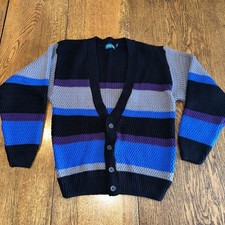 Vtg 90s Striped Cardigan Sweater Chunky Color Block USA Made Mens Large Preppy