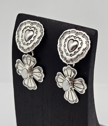 VTG Signed Navajo Elgin El Tom Sterling Silver Stamped MOP Cross Earrings 7.7g - Picture 3 of 7