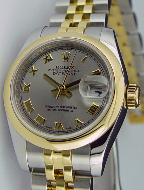 Rolex Lady-Datejust 28mm Gold Steel Silver Roman Dial Jubilee 179163 Preowned Watch