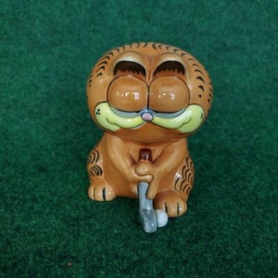 ENESCO GARFIELD Golfing 5'' Ceramic Coin Piggy Bank 1980's Golf Vintage Rare