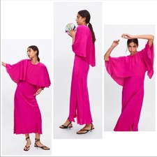 Rare ZARA FUCHSIA PINK FLOWY LONG DRESS WITH CAPE XS REF: 2816/593 RRP £69.99
