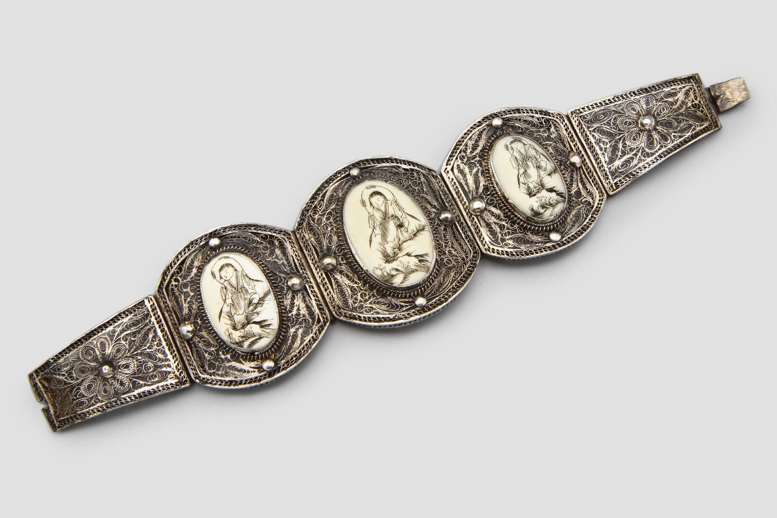 800 Silver Hand Painted Panel Bracelet, Antique 1… - image 3