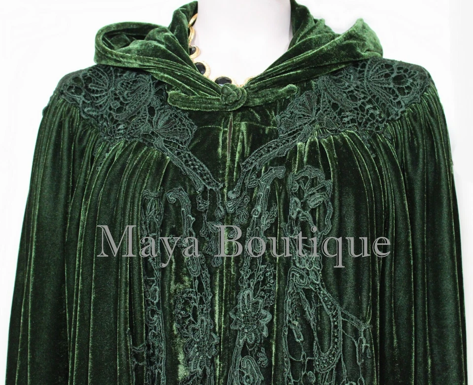 Cloak Opera Cape Dark Green Victorian Rep Long Velvet & Lace Lined Maya Boutique - Image 4 of 4