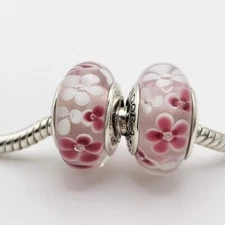 Authentic Pandora Charm Flowers Garden Floral Murano set of 2