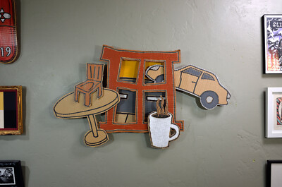 Art for a Coffee House #4, Sandy Sanders, 33 x 10 x 2'' assemblage