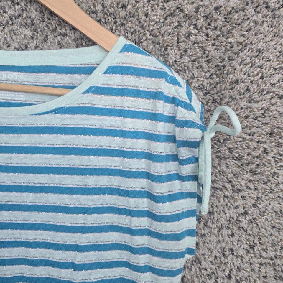 Talbots Top Womens Small Blue Striped Linen Blend Crew Neck Short Sleeve Tee - Image 2 of 4