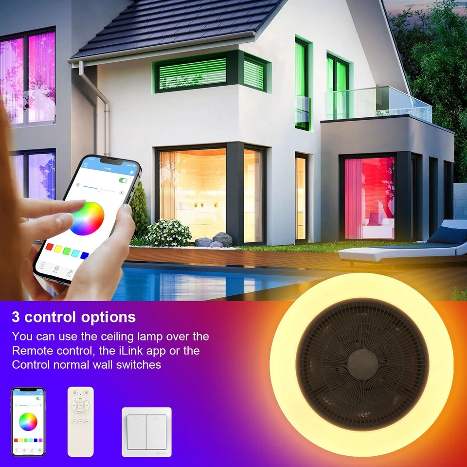 Modern Ceiling Fan with Light Bluetooth APP+Remote Music Speaker RGB Dimmable UK - Image 3 of 4