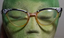 Vintage CATS EYE GLASSES SRC SRO Frames Floral Black USA Rhinestones