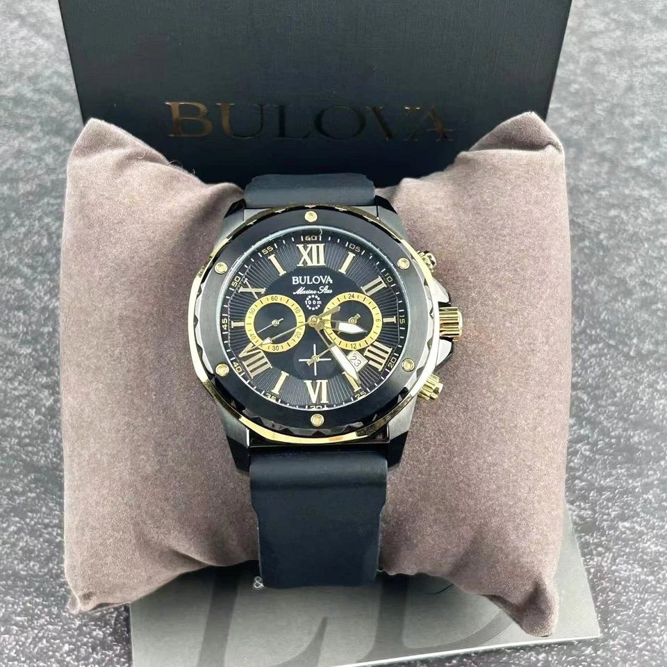Reloj cronógrafo Bulova 98B278 Marine Star para hombre esfera dorada/negra correa de goma Foto 4 de 4
