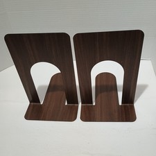 Set Of 2 Wood Grain Vintage Industrial Metal Book Ends Library Steel 9" tall