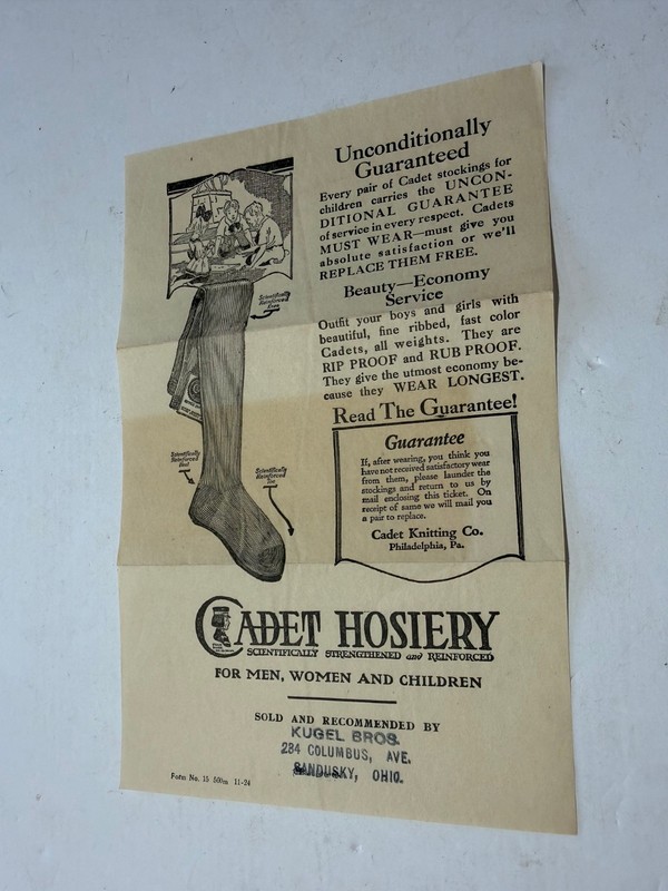 CADET HOSIERY knitting co PHILADELPHIA PA guarantee SOLD BY KUGEL SANDUSKY OHIO