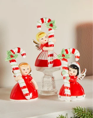 Vintage Ceramic Candy Cane Girls Angel Trio Set of 3 Christmas Figurines Decor