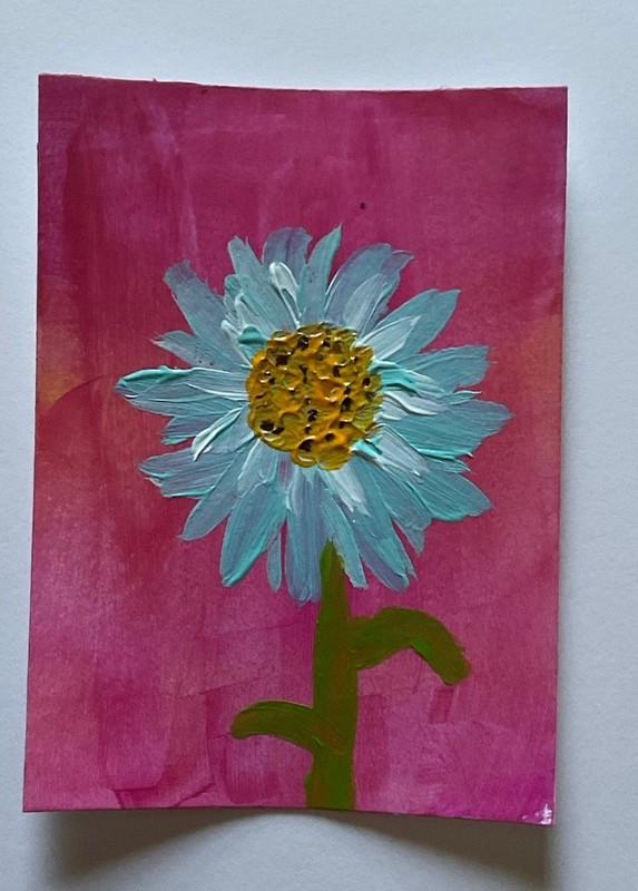 Aceo Blue Daisy Flower Acrylic Original Art by Kira Simpson 1/1 Signed ATC NEW