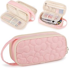 Pencil Case For Girls,Flower Quilted Large Capacity Pencil Pouch With 2 pink