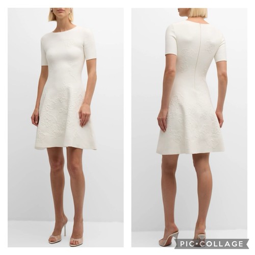(Flaw) Oscar de la Renta Jacquard Fit & Flare Knit Dress Ivory M - Picture 3 of 14