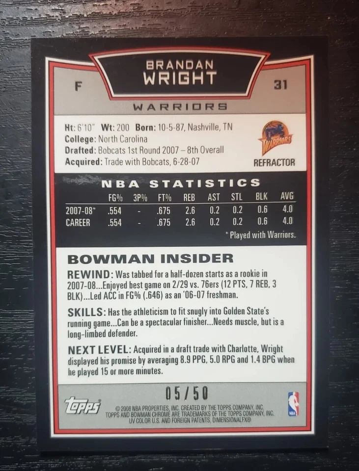 2008 Topps #31 Brandan Wright SN. /50 Warriors - Image 2 of 2