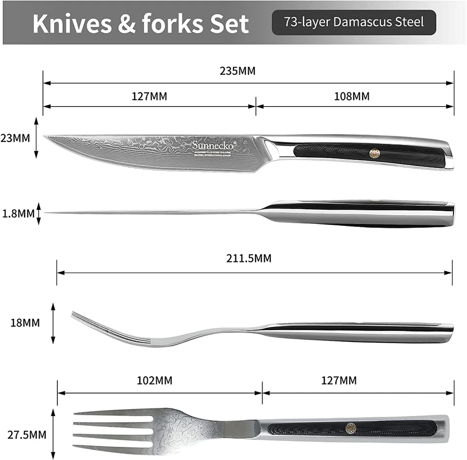 Juego de 6 cuchillos para carne Sunnecko juego de tenedores para carne rectos cortadora de carne de Damasco Foto 4 de 4