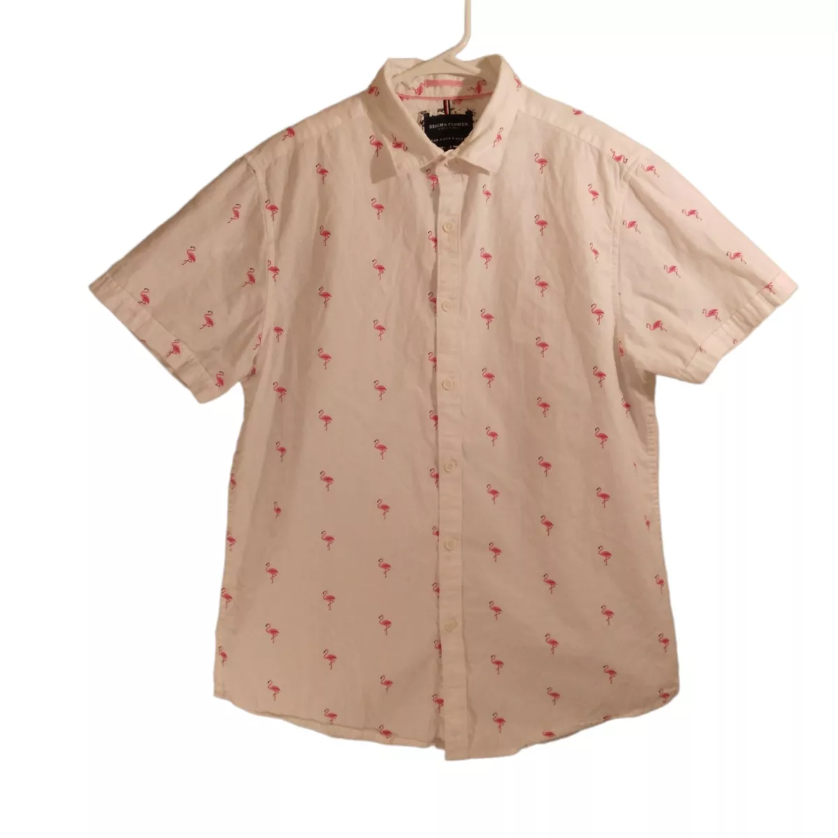 Denim Flower flamingo print shirt Mens M medium Short Sleeve Button up white