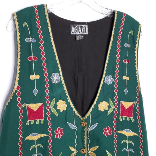 Gilet Agapo Vintage 1X Geometrico Floreale Ricamato Verde Rosso Hippy Grunge - Foto 2 di 5
