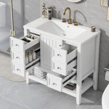 36" Bathroom Vanity w/Sink, 3 Drawers, Freestanding Storage Cabinet, Open Shelf