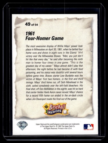 1993 Upper Deck Willie Mays #49 Baseball Heroes 1961 4 Homer Game - Picture 2 of 2