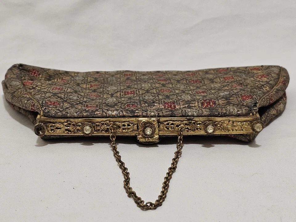 Antiguo bolso monedero europeo brocado de seda 8" x 5" hermoso hardware Art Deco Foto 2 de 4