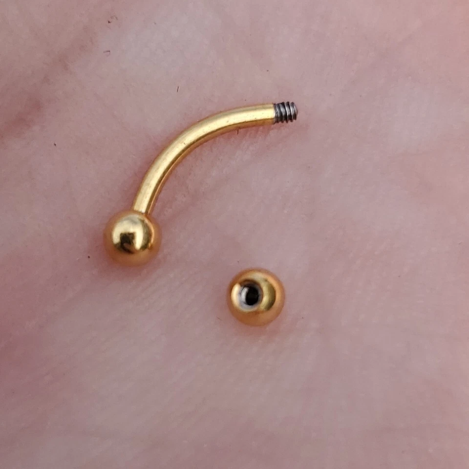 Gold Titanium PVD Curved Barbell 3mm Balls, 18g 16g 14g, 6mm 8mm 10mm 12mm - USA - Image 3 of 3