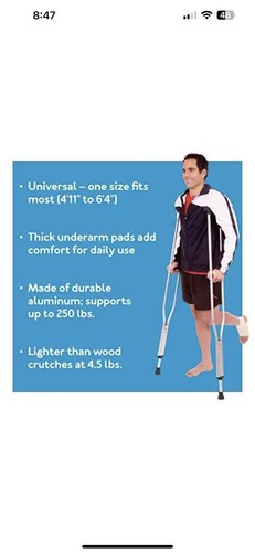 Folding Aluminum Under Arm Crutches Lightweight for Adults 4'11" to 6'4" NEW - Picture 7 of 9