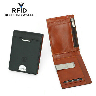 Men's Genuine Leather Slim Billfold Wallet RFID Blocking Card Holder Money Clip
