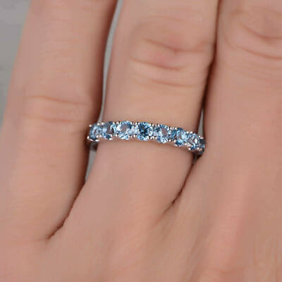 2Ct Round Cut Real Blue Topaz Half Eternity Wedding Band  14K White Gold Plated