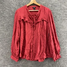 A New Approach Shirt Women XL Red Button Up V-Neck Long Sleeve Rayon Embroidered