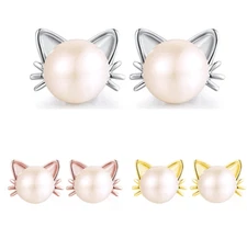 S925 Sterling Silver Kitty Cat White Freshwater Pearl Stud Earrings Gift PE58