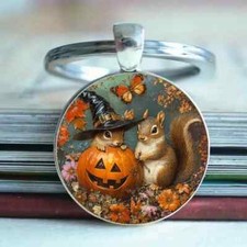 Squirrels Pumpkin Fall Keychain Key Ring Purse Handbag Car Charm Backpack Bag