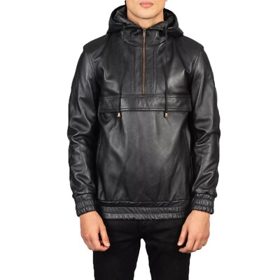 Herren Echt Leder Schwarz Pullover Hoodie Klassisch Bomber Sweatshirt Kapuzen...