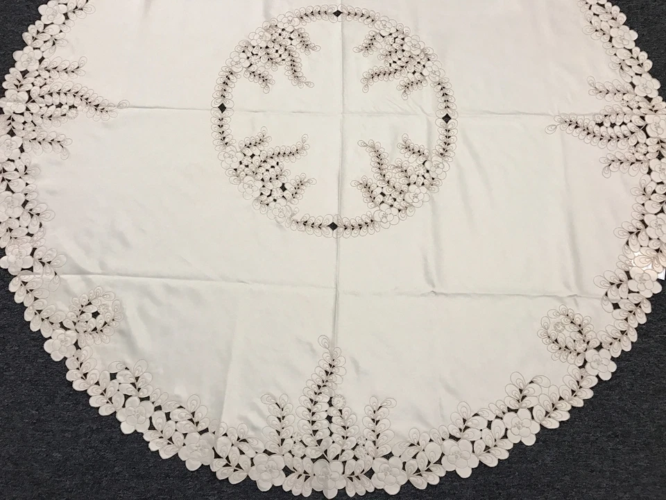 Solid Beige Fabric Cutwork Peacock Embroidery Tablecloth 58" Round Grantlinen - Image 2 of 4