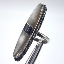Vintage Southwest Mother of Pearl Black Onyx Sterling Silver Elongated Ring 4.25