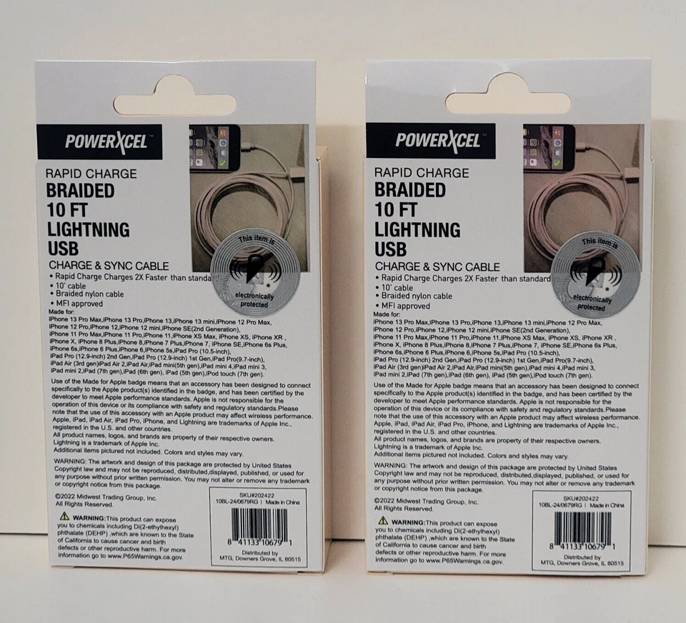 2 pk PowerXcel Rapid Charge Braided USB Charge & Sync Cable, Rose Gold, 10 Ft - Image 2 of 2