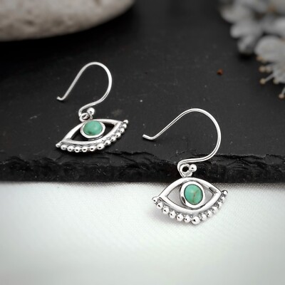 Evil Eye dangle earrings in sterling silver, Boho Turquoise Lucky Eye earrings