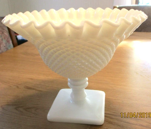 Vintage Westmoreland English Hobnail Milk Glass Compote w Ruffled Edge